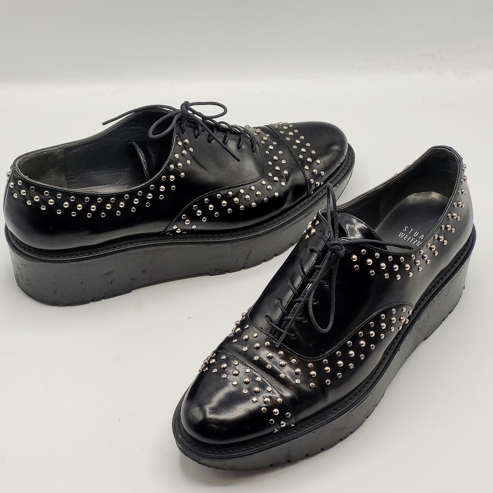 Stuart‎ Weitzman Zealous Studded Platform Loafer Jet Mirror Black. Size 9.5 M